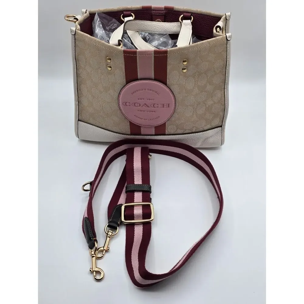 Coach Dempsey Tote 22 Signature Jacquard Khaki Chalk Pink Stripe Crossbody Bag
